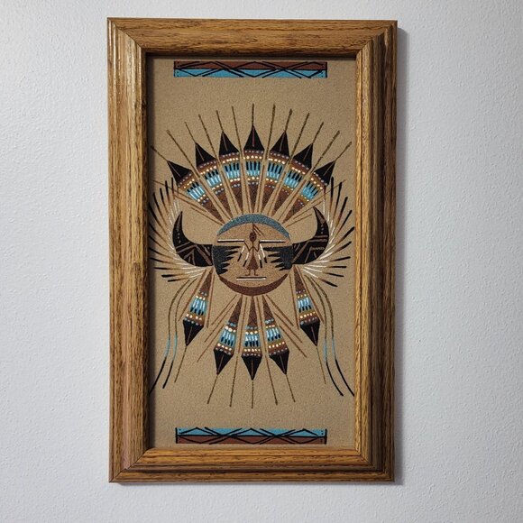 Signed Navajo Native American Sun Sand Art Wall Decor Wooden Frame 15.5" X 10"